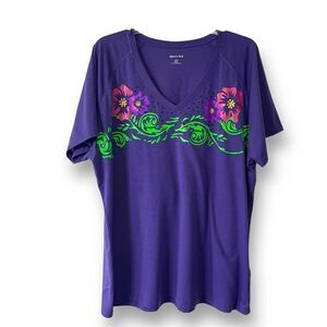 Sport-Tek Women's Floral V-neck Gems Short Sleeve‎ Shirt Purple 3XL